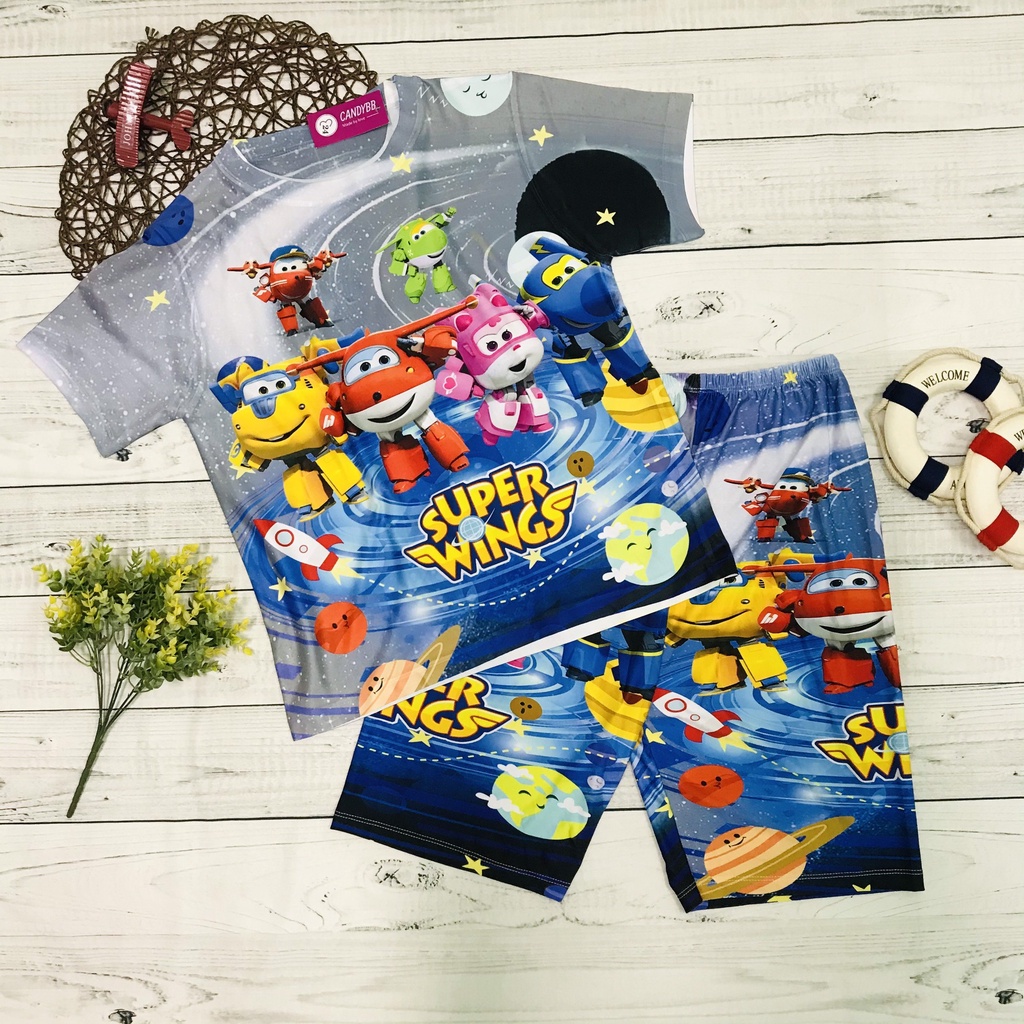 Đồ bộ bé trai thun lạnh mềm mịn, co giãn tốt 3D cộc tay in hình Đội Bay Siêu Đẳng cho bé trai size10 - 50kg