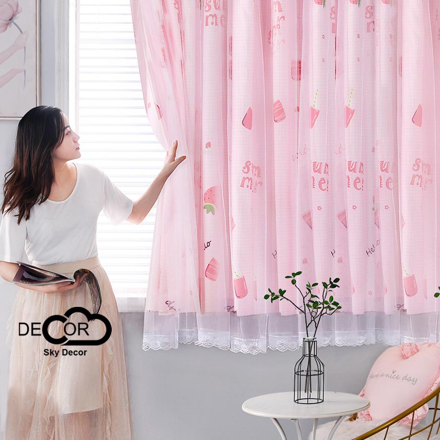 [Tặng thanh treo] Rèm cửa sổ chống nắng màu hồng Sky Decor - Rèm cửa 2 lớp, không cần khoan