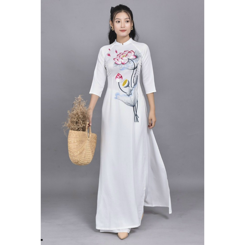Set bộ áo dài thiết kế thêu hoa siêu xinh - Mua set bộ áo dài trắng đẹp