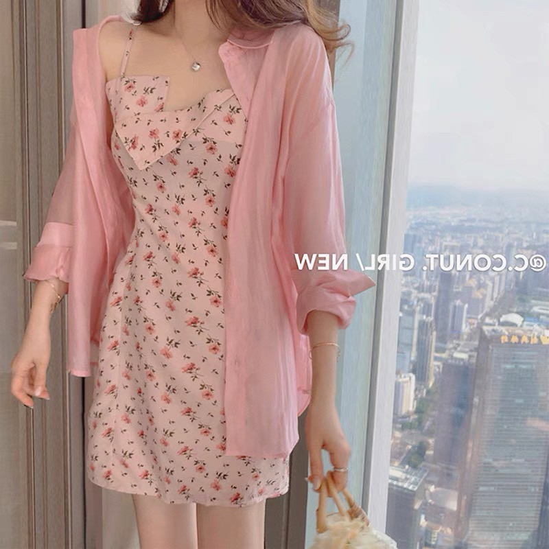 ĐẦM HỒNG 2D HOA + KHOÁC