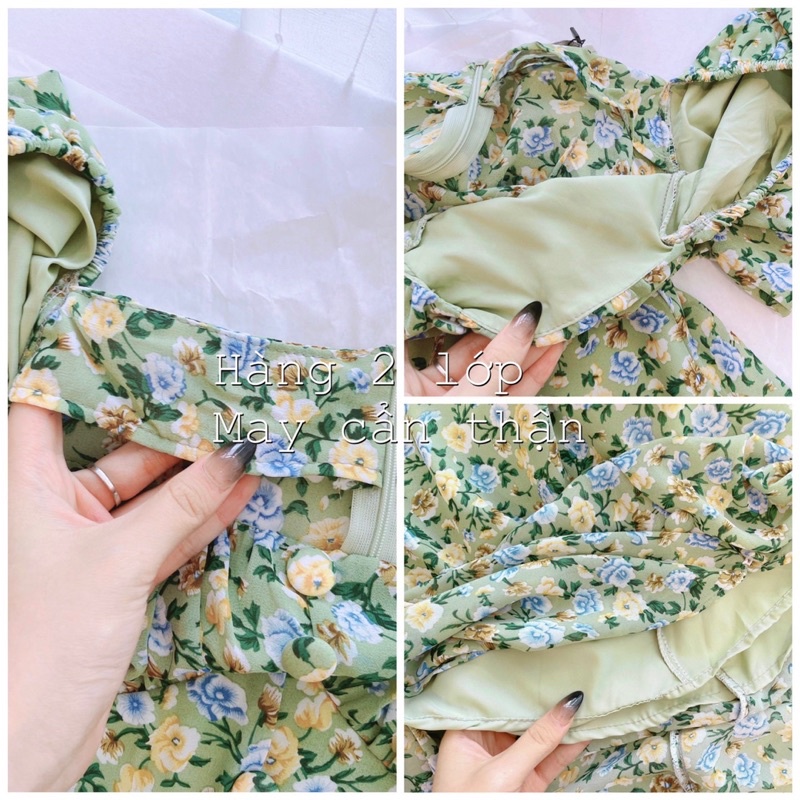 FREESHIP ĐẦM HOA NHÍ CỔ VUÔNG TAY BỒNG XẺ TÀ KIỂU DÁNG NHẸ NHÀNG THANH LỊCH KDS