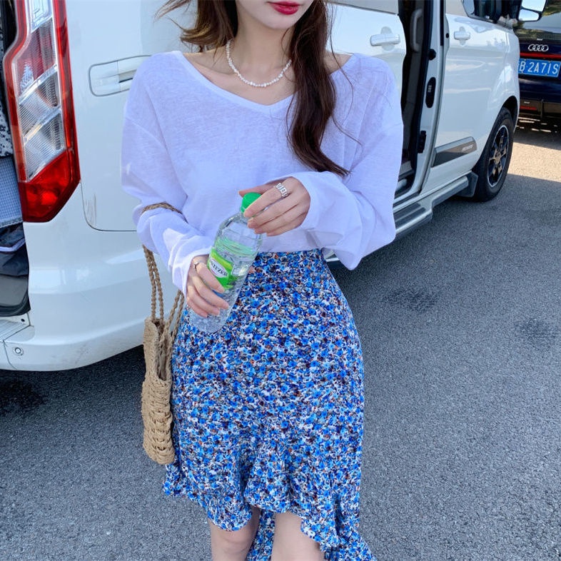 Chic irregular floral skirt women's spring and summer Korean 2022 new high waist thin fishtail skirt