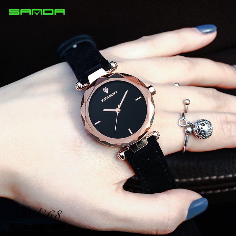 Đồng hồ nữ SANDA mặt vát 3D cao cấp dây da thời trang chống nước siêu đẹp giá tốt màu đỏ