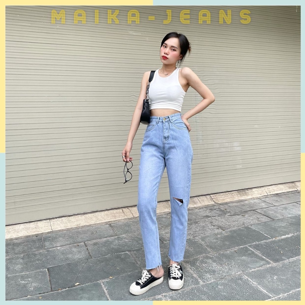 (Freeship) Quần Jeans Nữ Baggy Cạp Cao Siêu Tôn Dáng Rách Hông Và Đùi Lai Quân Cắt Gấu (Hình thật shop chụp)