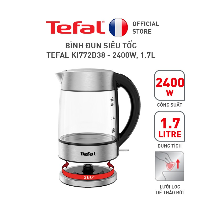 [Mã ELTF03 giảm 10% đơn 500K] Bình đun siêu tốc Tefal KI772D38 - thủy tinh - 2400W, 1.7L