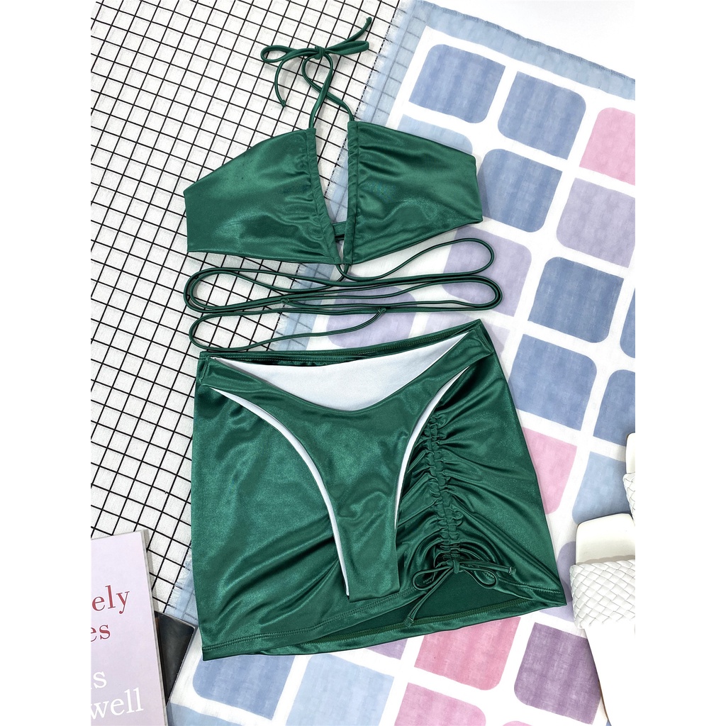 Bộ đồ bơi 3 mảnh màu xanh lá cây phối dây chéo lấp lánh cho nữ YX50
 | BigBuy360 - bigbuy360.vn