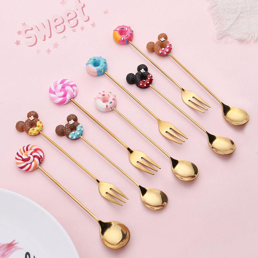 Muỗng Cà Phê / Nĩa Inox Hình Bánh Donut / Trái Cây / Kem Hoạt Hình Mini