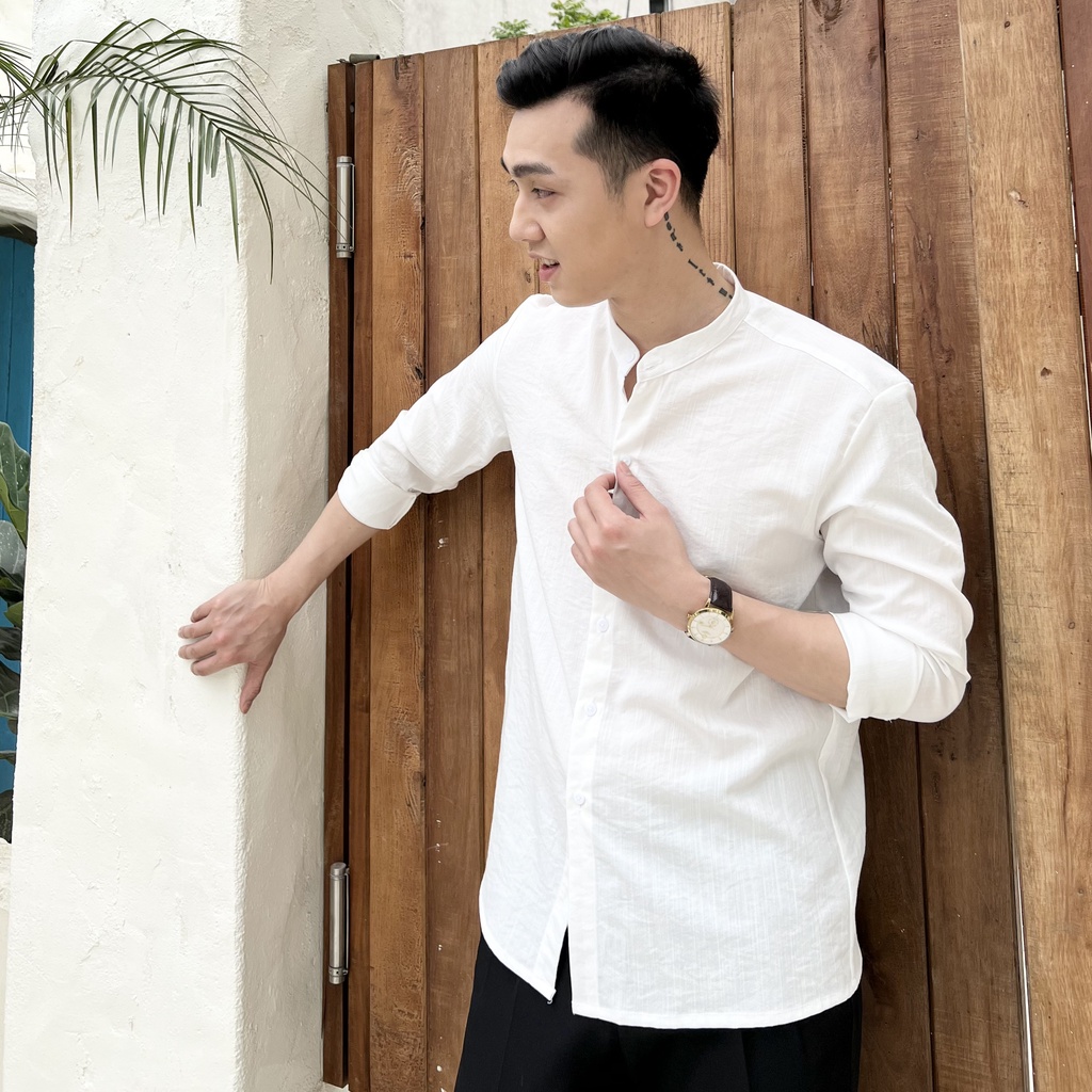 Áo sơ mi nam dài tay cổ tàu dáng ôm body hàn quốc vải mịn mát, áo so mi nam dai tay cổ trụ không nhăn A01
