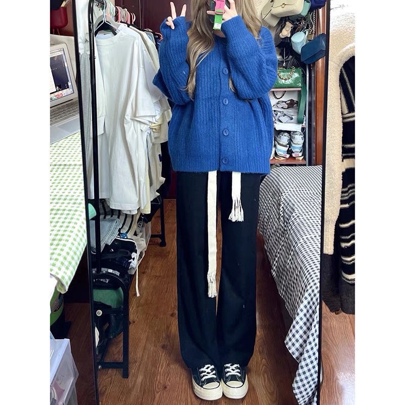 Áo khoác cardigan dệt kim dáng rộng cài nút màu xanh dương phong cách Nhật Bản cổ điển đa năng cho nữ sinh