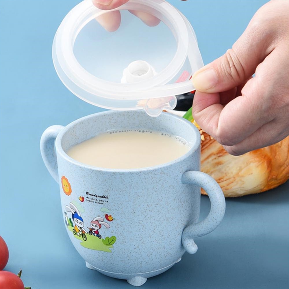 Bình Uống Nước Bằng Lúa Mạch 270ml Họa Tiết Hoạt Hình Dễ Thương Chống Rơi Kèm Nắp Cho Bé