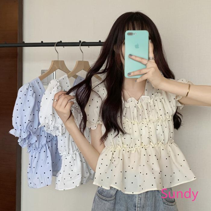 Áo Sơ Mi Tay Ngắn Họa Tiết Chấm Bi Phong Cách Hàn Quốc Cho Bé Gái