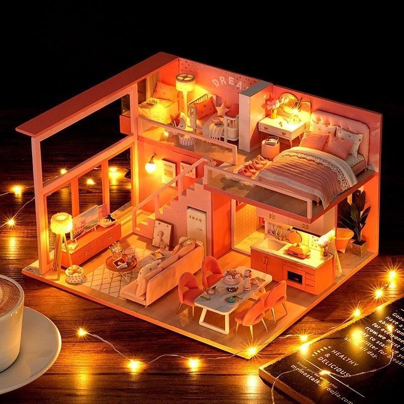 Bộ sản phẩm nhà búp bê tự làm mô hình DIY dollhouse nhiều mẫu- CÓ KEO + MICA CHE BỤI