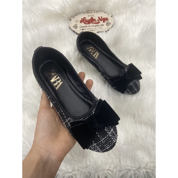 Giày búp bê nữ vải kẻ caro nơ nhung, giày bệt nữ