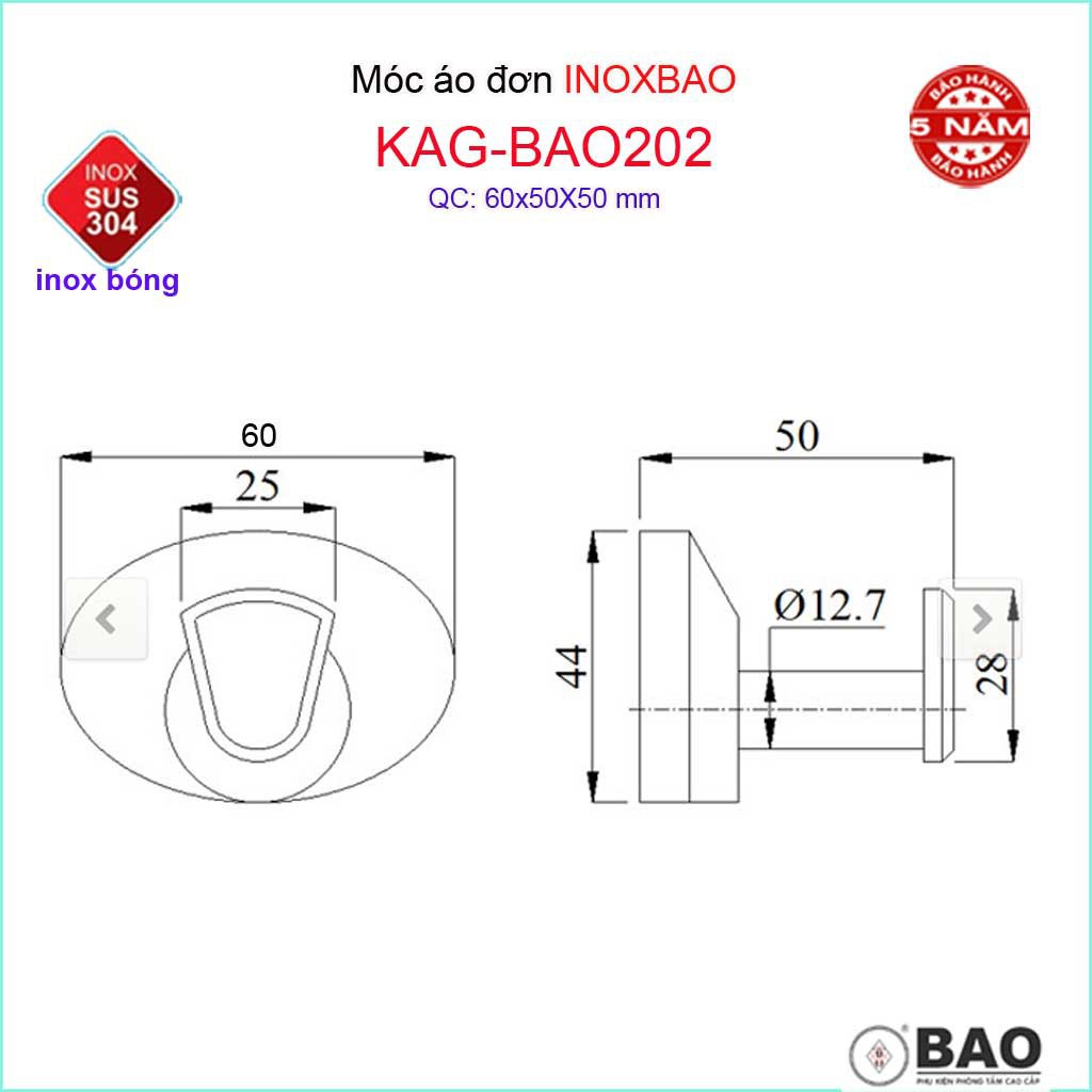 Móc treo đồ Inox Bảo, móc áo Inox SUS304 KAG-BAO202