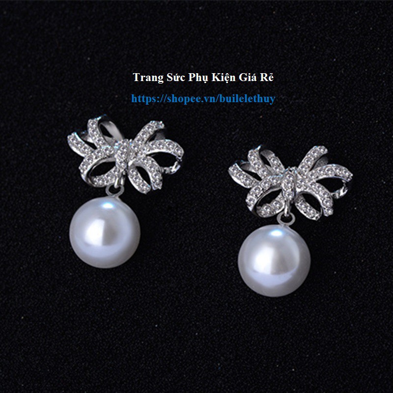 Hoa tai nơ và hạt châu HT70 thời trang Hàn Quốc, S925 cực xinh