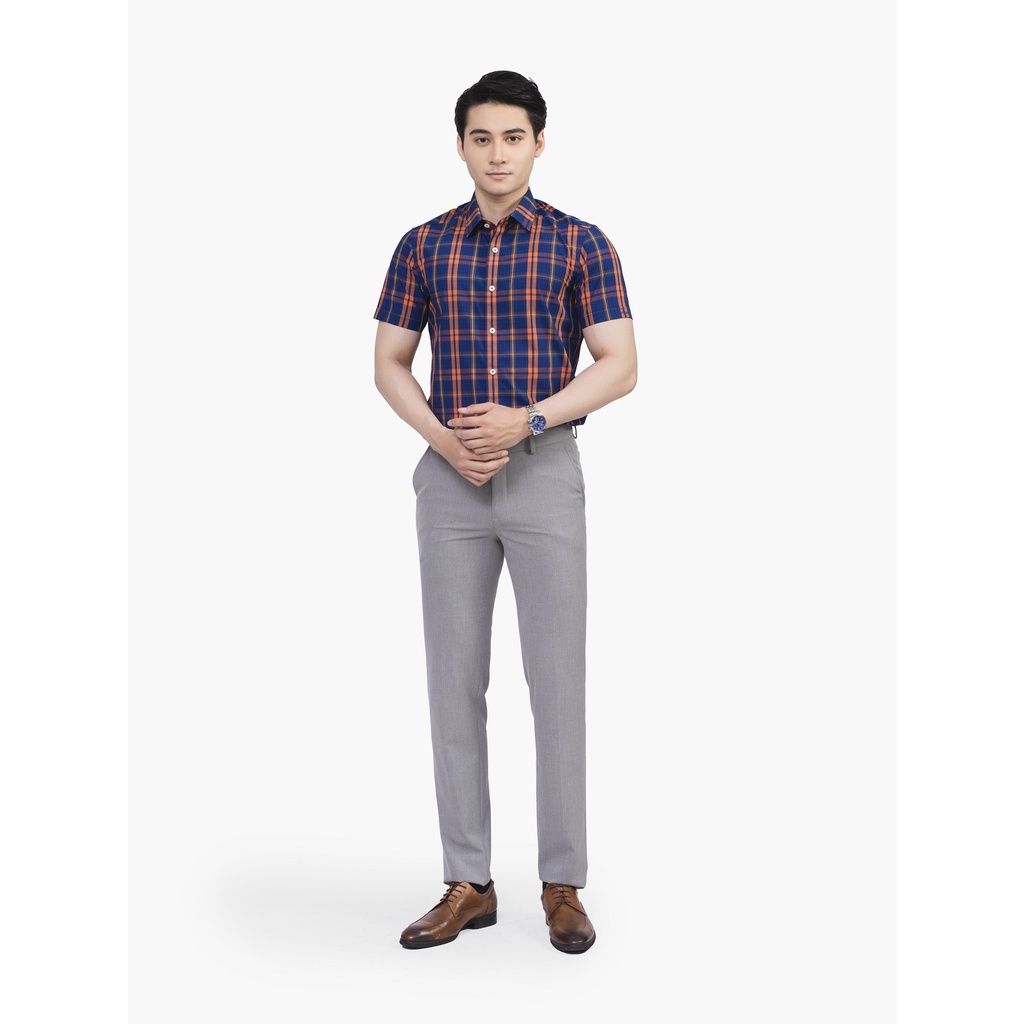 Áo Sơ Mi Nam Ngắn Tay ARISTINO ASS255S2 Somi Công Sở Cao Cấp Màu Xanh Kẻ Cam Vải Sợi Sồi Mềm Mát Dáng Ôm Không Túi