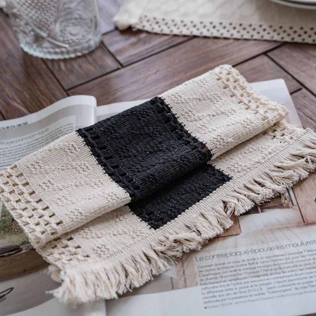 Khăn Trải Bàn Ăn Bằng Cotton Lanh Thêu Họa Tiết Kẻ Sọc Phối Tua Rua Thời Trang Tiện Dụng Cho Nhà Bếp