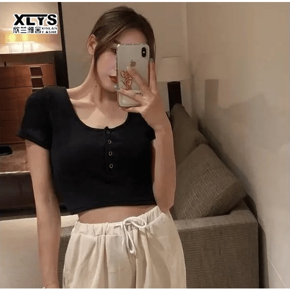 Áo thun XINLANYASHE lửng tay ngắn cổ tròn thời trang dành cho nữ