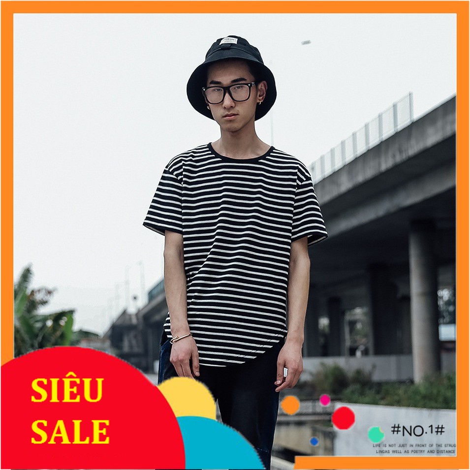 Áo Thun Cotton Tay Lỡ Kẻ Ngang Đen Xì Tin
