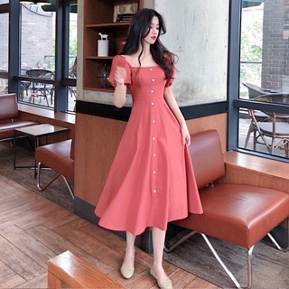 Đầm váy freesize hồng ruốc tay bo form dài