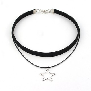 Vòng cổ choker dây chuyền nữ vải màu đen 2 tầng mặt hình học phong cách hàn quốc cá tính