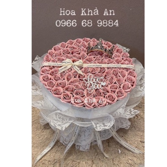 (Tặng vương miện) Bó hoa sáp 99bông vĩnh cửu phối giấy Gấm Hàn ko rách, ko nhăn.