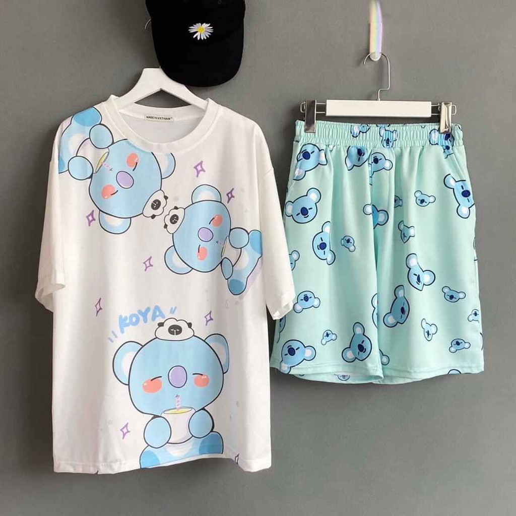 Set áo 3D Koya BT21 BTS + quần dài/ short cartoon Koya gấu xanh unisex - Hàng nhập khẩu