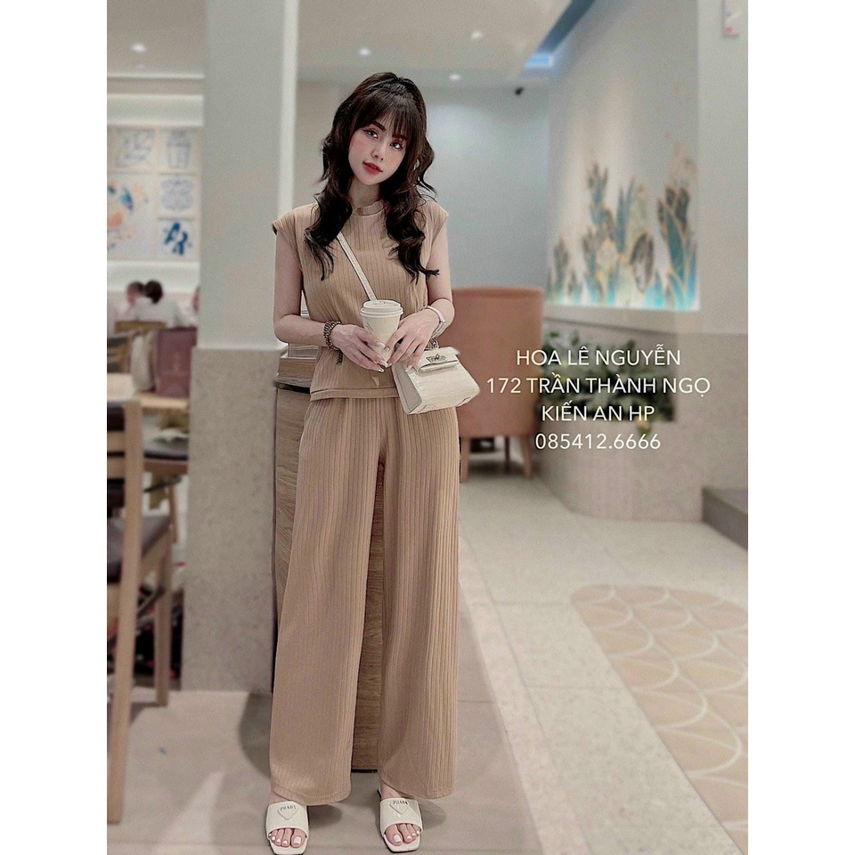 [Set sale] Set áo và quần đi chơi với quần dài ống rộng kèm áo ngắn tay form rộng, cá tính, chất vải thun gân