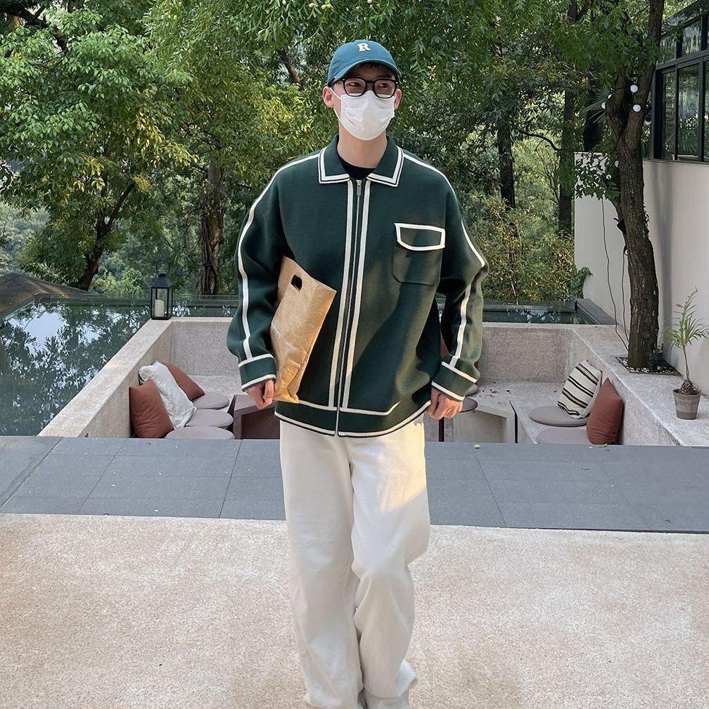 Áo Khoác Cardigan Dệt Kim Màu Đen Phối Khóa Kéo Phong Cách Retro Mỹ Cho Cặp Đôi