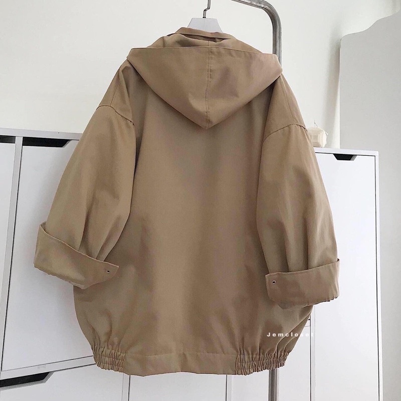 Áo Khoác Kaki Nữ Kèm Mũ Rubystore♥️ Áo Bomber Jacket Nữ Form Rộng Chun Gấu Hai Màu Đen Be Phong Cách Trẻ Trung 2022