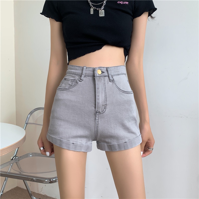 Quần Short Skinny Jean Lưng Cao Màu Sắc Trơn Siêu Co Dãn