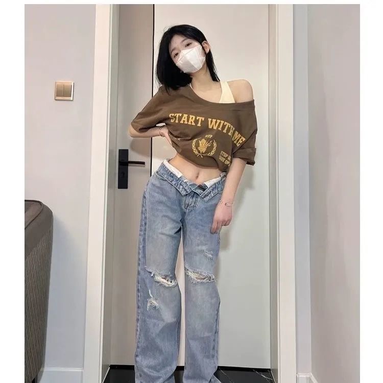 Áo Croptop Tay Ngắn Giả Hai Lớp In Họa Tiết Phong Cách Retro Mỹ Quyến Rũ Cho Nữ