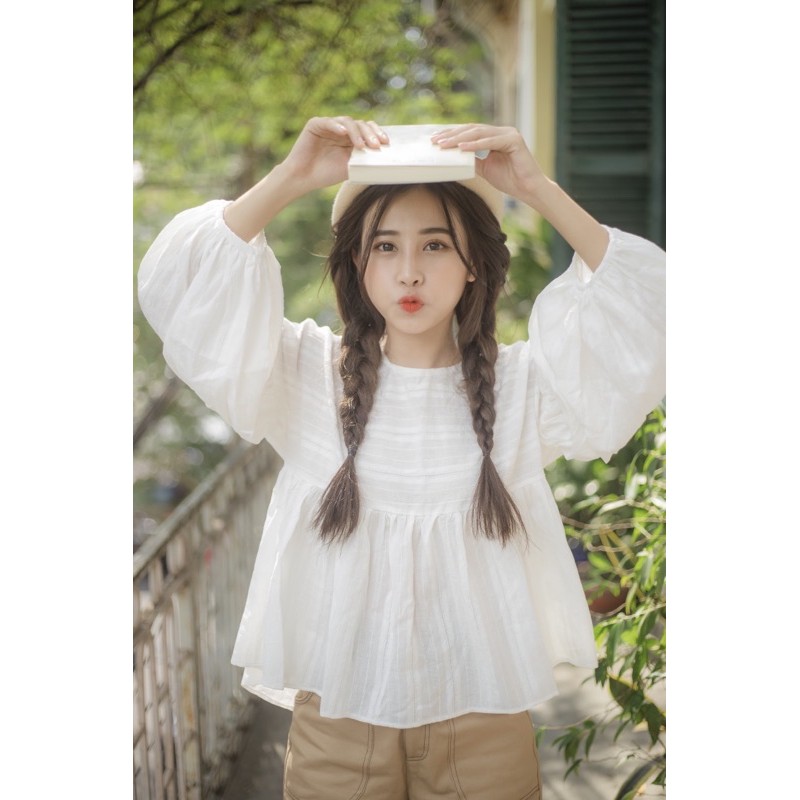 Áo Babydoll tay phồng Đậu trắng