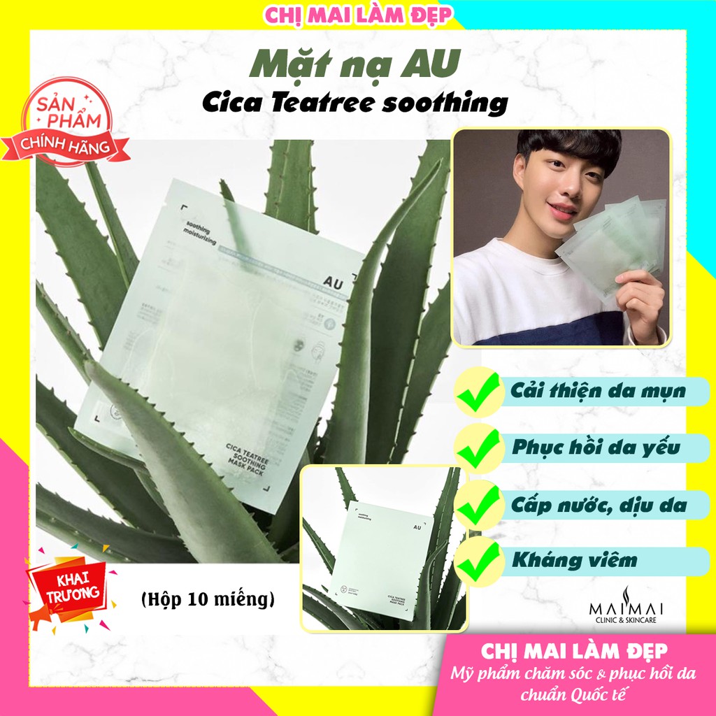 Mặt nạ AU Cica Teatree soothing mask hạ nhiệt và phục hồi da - Cải thiện da mụn - Hộp 10 miếng