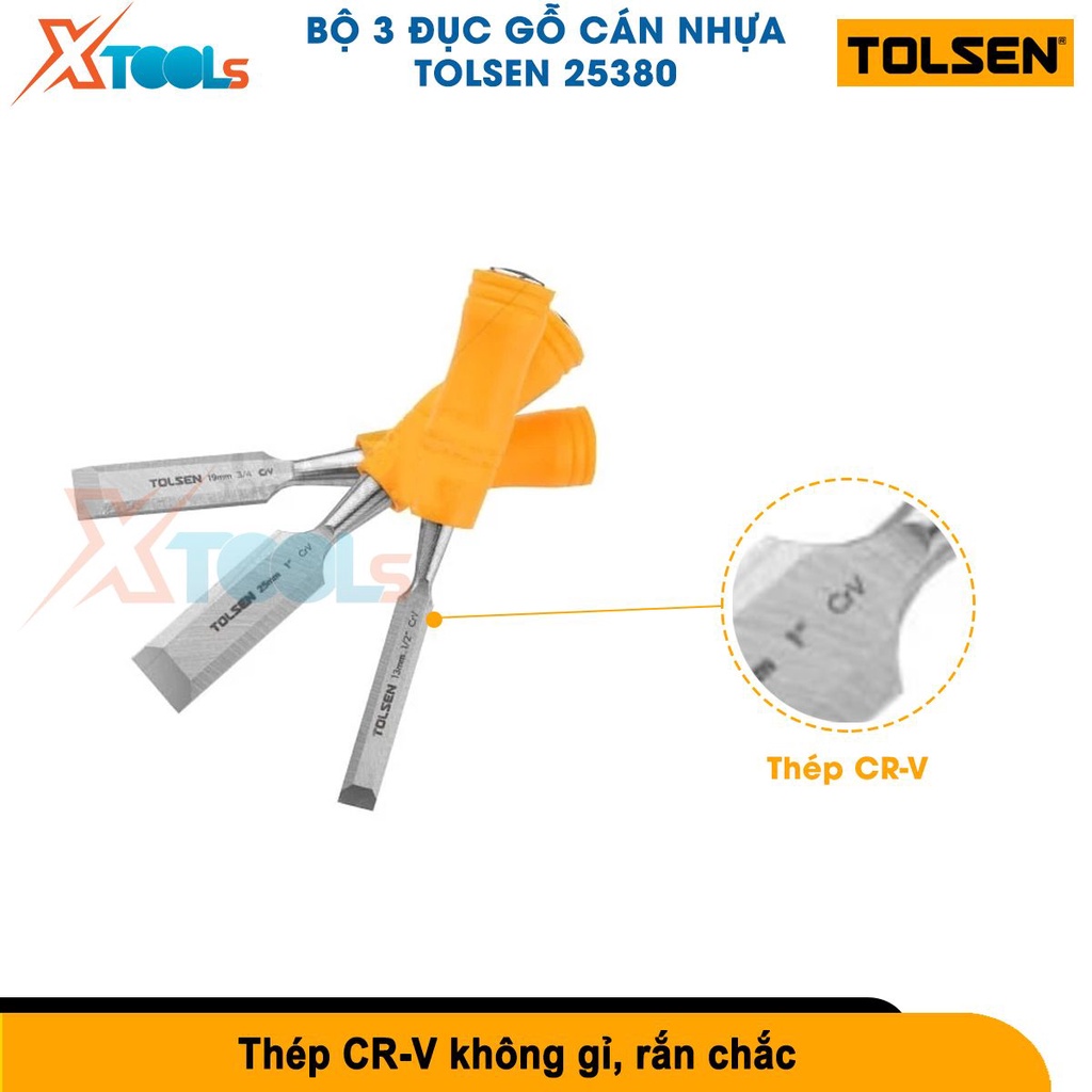 Bộ 3 đục gỗ Tolsen 25380 thép Cr-V rắn chắc, 3 kích thước 1, 1/2, 3/4 inch, tay cầm nhựa chắc chắn [CHÍNH HÃNG][XTOOLS]