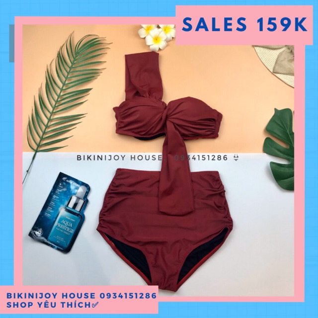 Bikini che bụng áo lệch vai đỏ đô