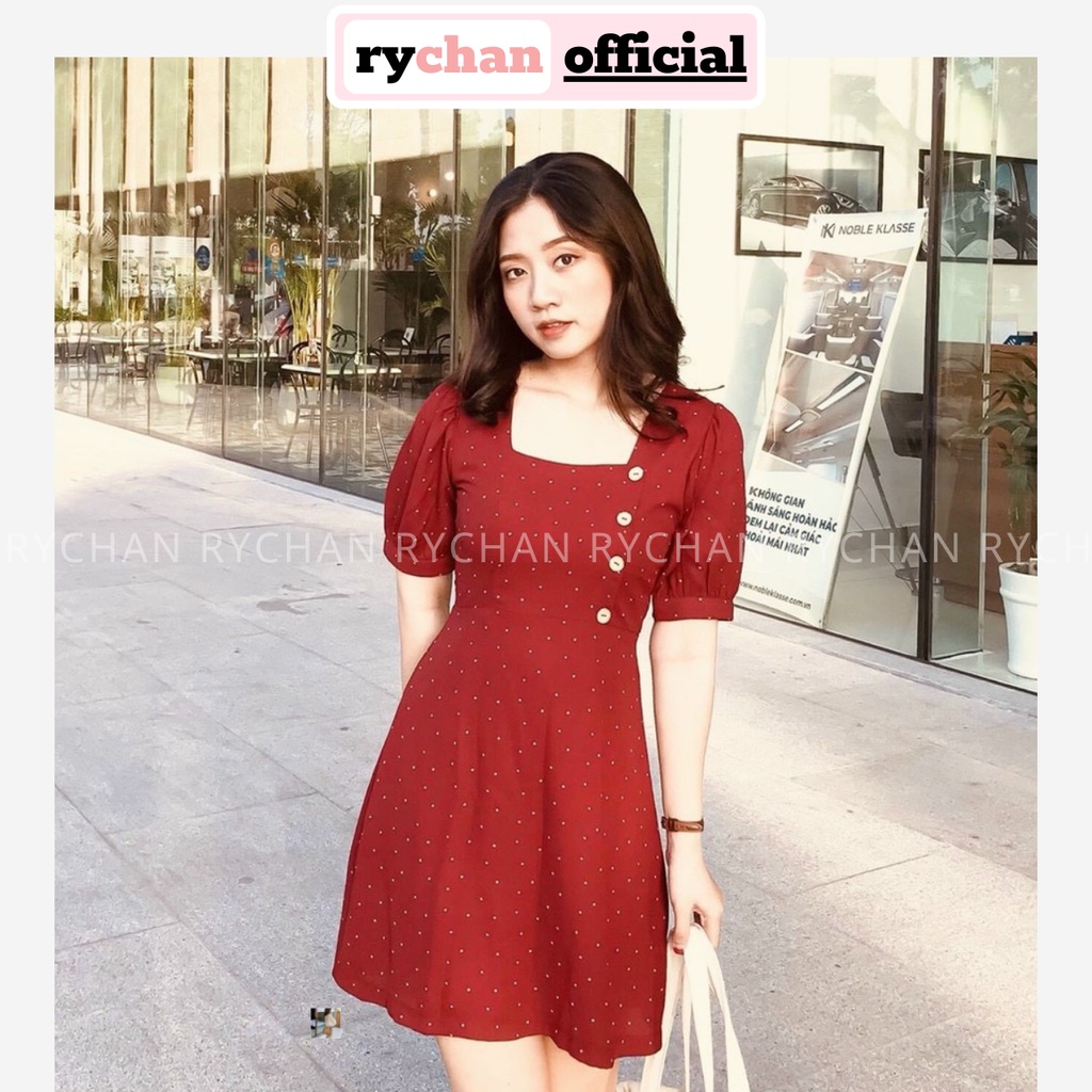 Đầm Xòe Chấm Bi Đỏ Cổ Vuông Đính Nút Gỗ Trẻ Trung [Ảnh Thật Cuối] - DX0059