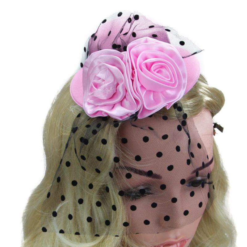 Kẹp Tóc Vải Lưới Hình Hoa + Mạng Che Mặt Họa Tiết Chấm Bi Cho Bé Gái