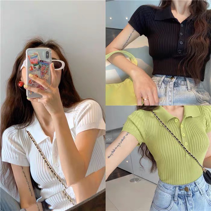 [100c đầu giá gốc] Áo polo crotop trơn có cúc tay cộc năng động - ShynTown
