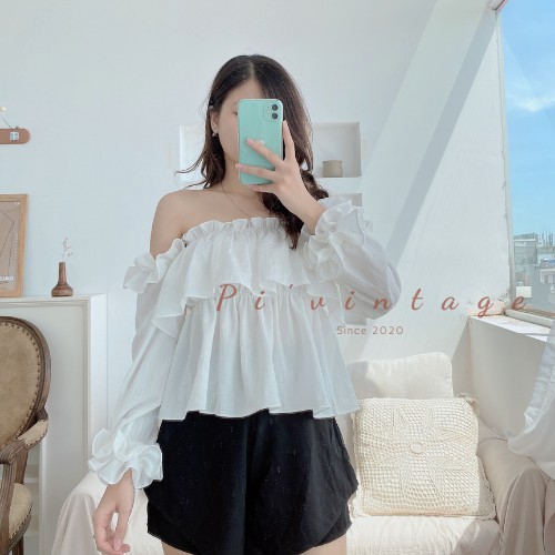 [FREESHIP] Áo trễ vai croptop tay bồng bèo nhún thiết kế - (Linen Top)