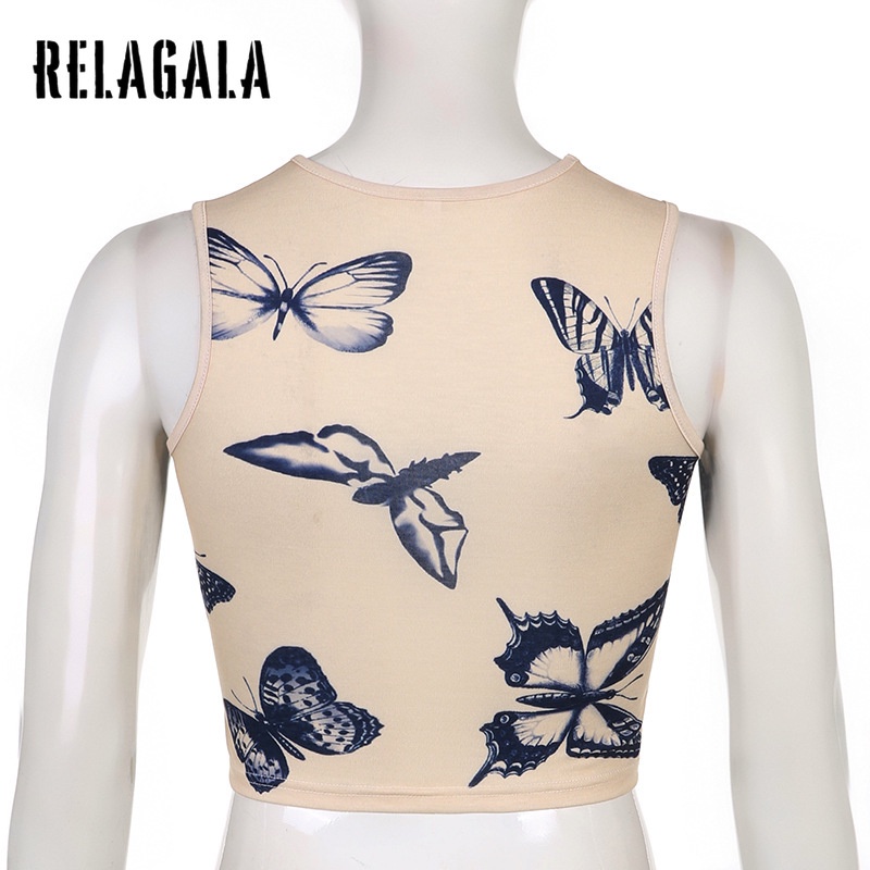 Relagala Áo Tank Top Không Tay Dệt Kim Ôm Dáng In Họa Tiết Bướm Gợi Cảm Cho Nữ