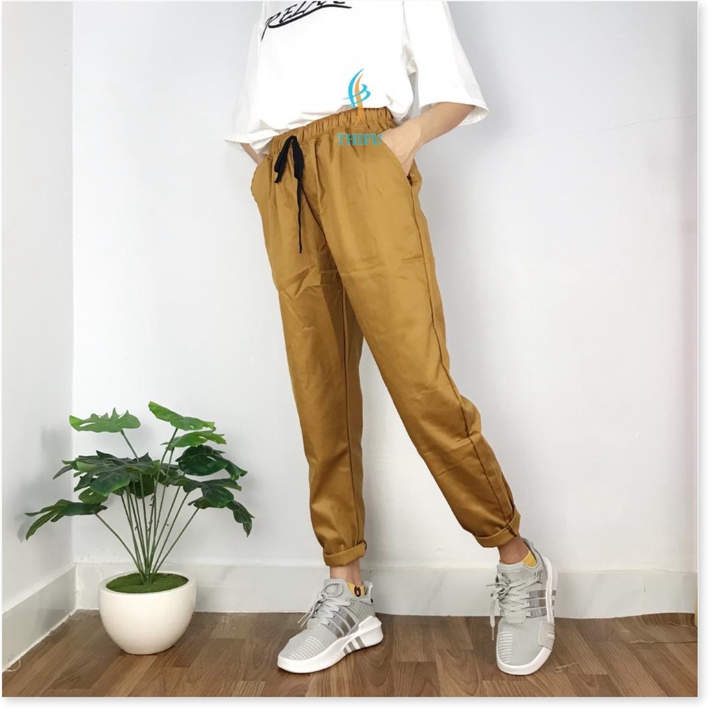 Quần Baggy Kaki Chinos Jogger Teen Nữ Xắn Gấu New Style Phối Nút, Lưng Thun 2 màu Trắng và Vàng Gỗ