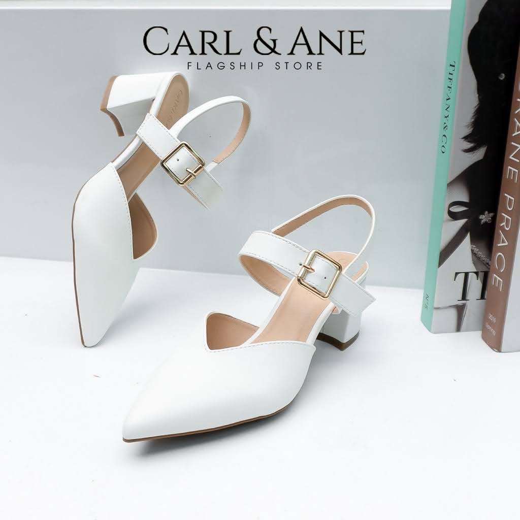 Carl & Ane - Giày sục nữ Carl & Ane 2022 kiểu bít mũi phối quai ngang khóa màu đen cao 6cm _ CL018