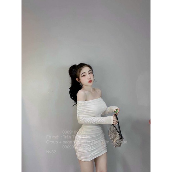 Đầm body nhún trễ vai tay dài