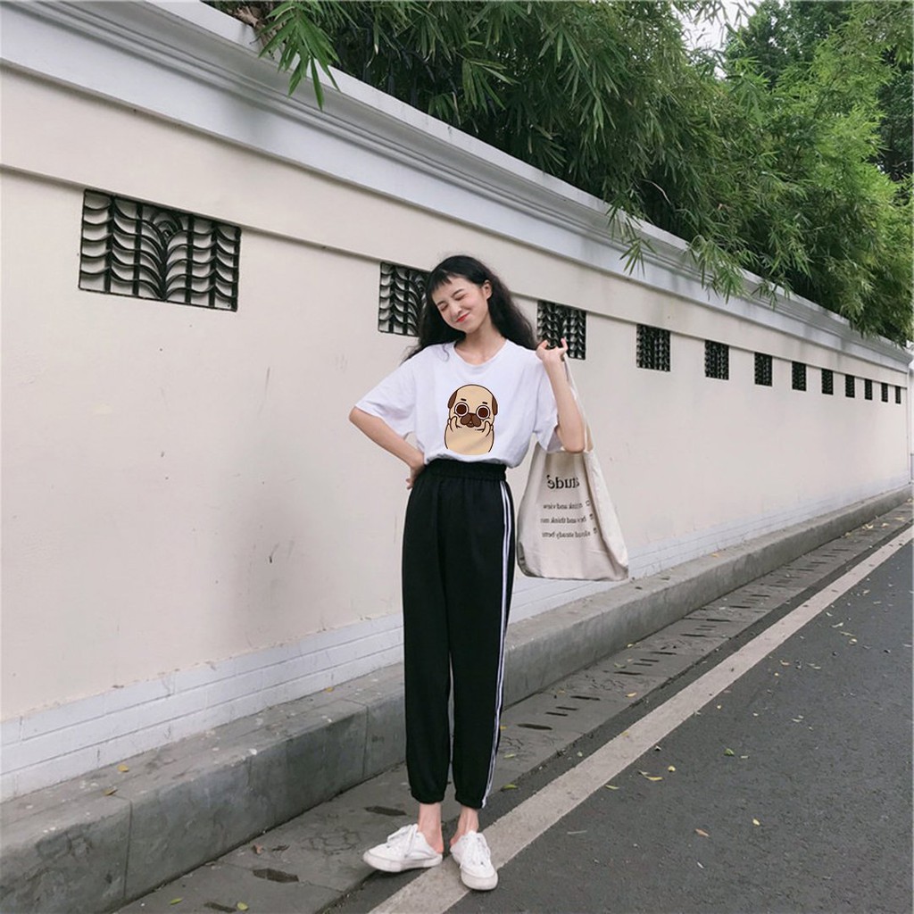 Bộ quần áo thể thao unisex áo thun tay lỡ oversize, quần kẻ sọc