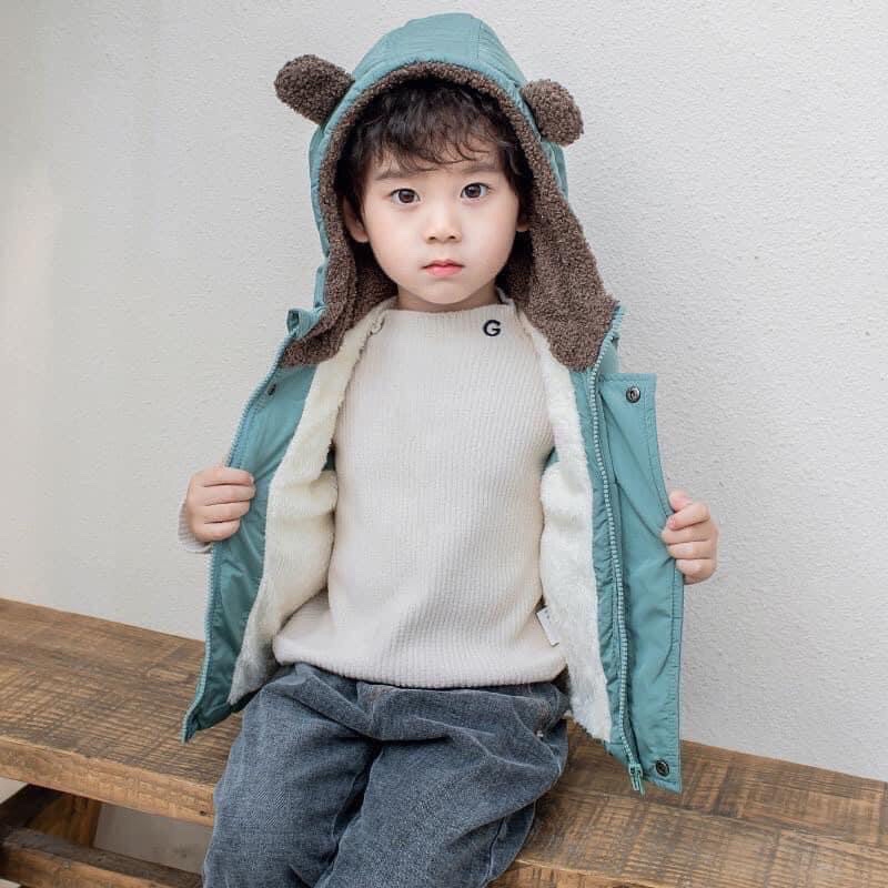 Áo ghile phao lót nỉ lông mịn có mũ tai gấu trẻ em - Áo khoác không tay Quảng Châu cao cấp siêu ấm màu xanh và đ
