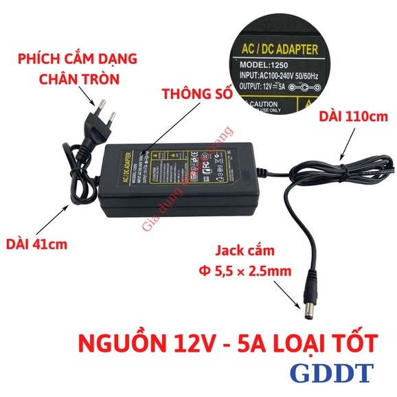 Nguồn adapter 12V - 5A sử dụng cho led, camera, máy bơm loại tốt (Tặng Kèm Giắc DC)