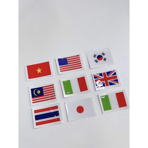 Tem hình cờ các quốc gia Vietnam Japan Hàn… tem dán cao cấp có sẵn keo mặt sau