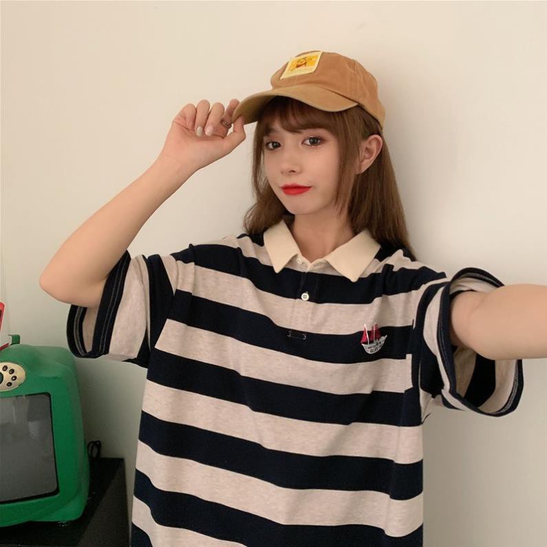 Áo Phông Ulzzang Tay Lỡ Sọc Ngang- Có Cổ  ྇ ea