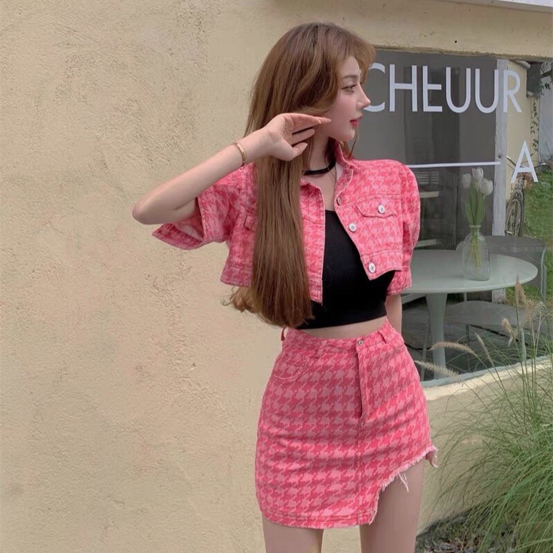 Set áo+ chân váy bò màu hồng cho nàng cá tính, năng động ulzzang